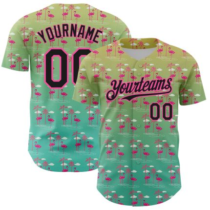 Custom Name and Number Baseball Jersey Tropical Hawaii Palm Trees Flamingo 3D Green Black-Pink Design Personalized Green