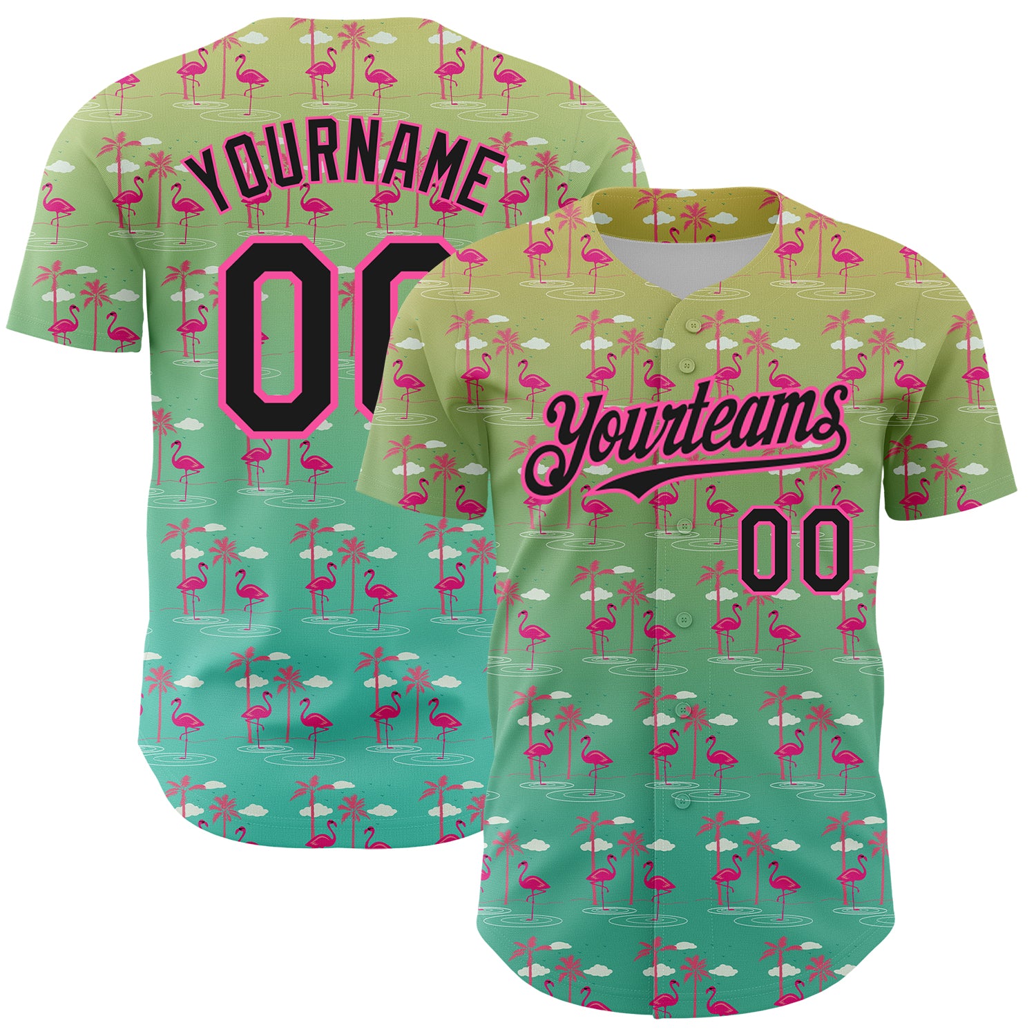 Custom Name and Number Baseball Jersey Tropical Hawaii Palm Trees Flamingo 3D Green Black-Pink Design Personalized Green
