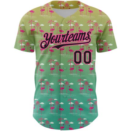 Custom Name and Number Baseball Jersey Tropical Hawaii Palm Trees Flamingo 3D Green Black-Pink Design Personalized Green