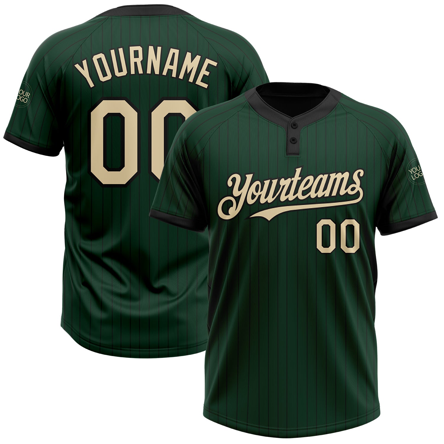 Custom Name and Number Unisex Softball Jersey - Personalized Green and Black Pinstripe Two-Button Cream Design Personalized
