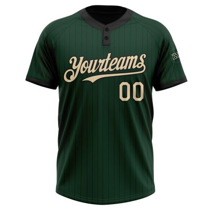 Custom Name and Number Unisex Softball Jersey - Personalized Green and Black Pinstripe Two-Button Cream Design Personalized