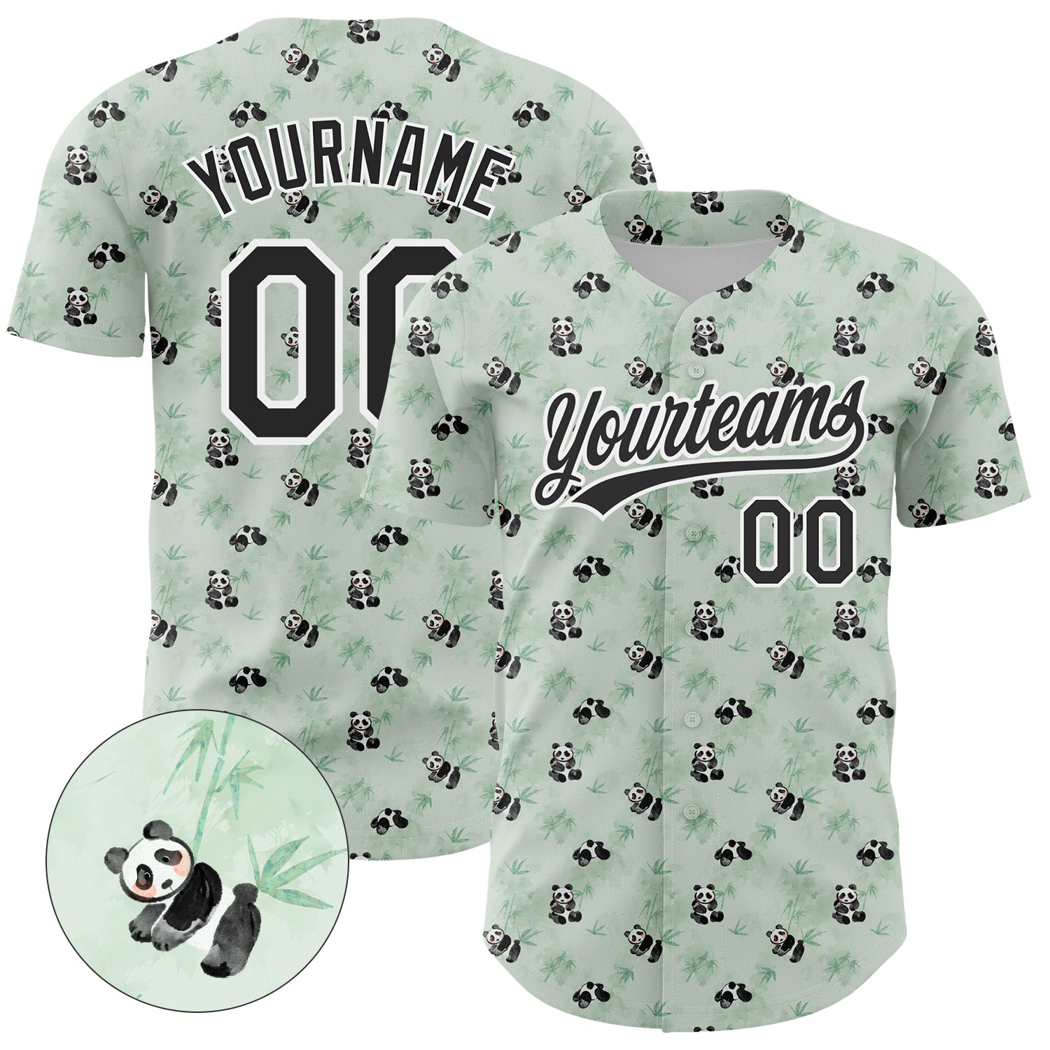 Custom Panda 3D Pattern Baseball Jersey - Personalized Team Jersey with Name and Number in Green, Black, and White Personalized