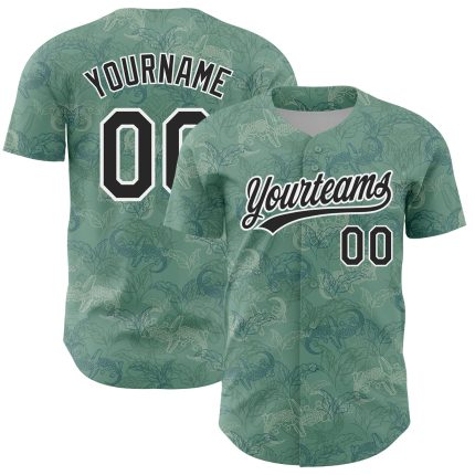 Custom Name and Number Baseball Jersey - Personalized 3D Pattern Green Black-White Crocodile and Plant Design Personalized
