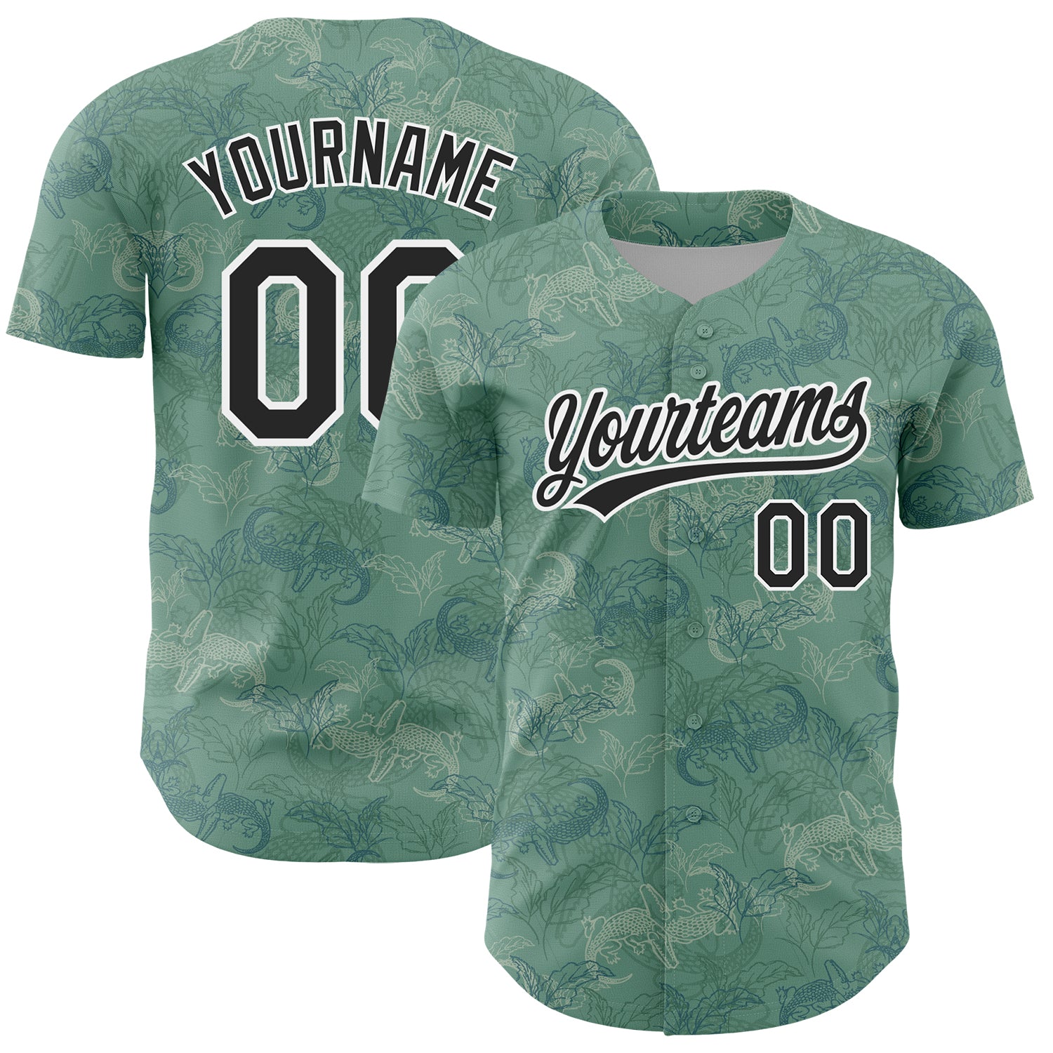 Custom Name and Number Baseball Jersey - Personalized 3D Pattern Green Black-White Crocodile and Plant Design Personalized