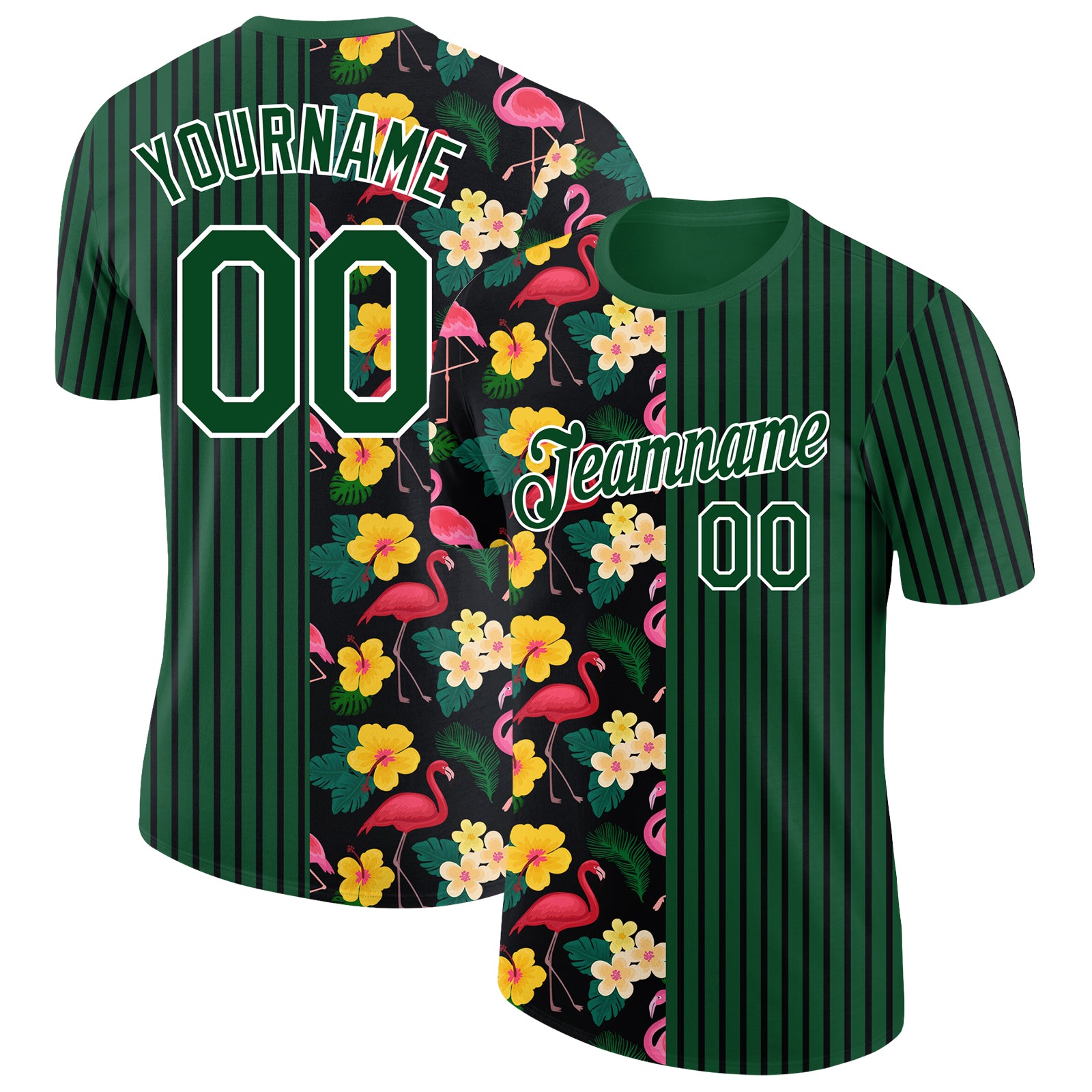 Custom Name Number Tropical Flamingo 3D Performance T-Shirt - Green Black White Hawaiian Plant Animal Design Personalized