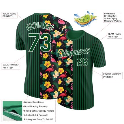 Custom Name Number Tropical Flamingo 3D Performance T-Shirt - Green Black White Hawaiian Plant Animal Design Personalized