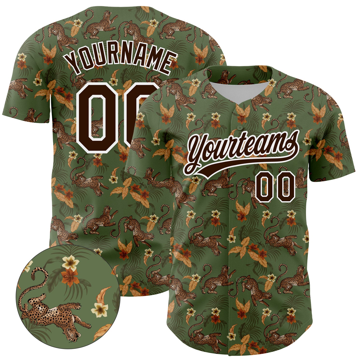Custom Name and Number Leopard & Hawaii Palm Leaves Baseball Jersey - Personalized 3D Pattern Design in Green, Brown & White