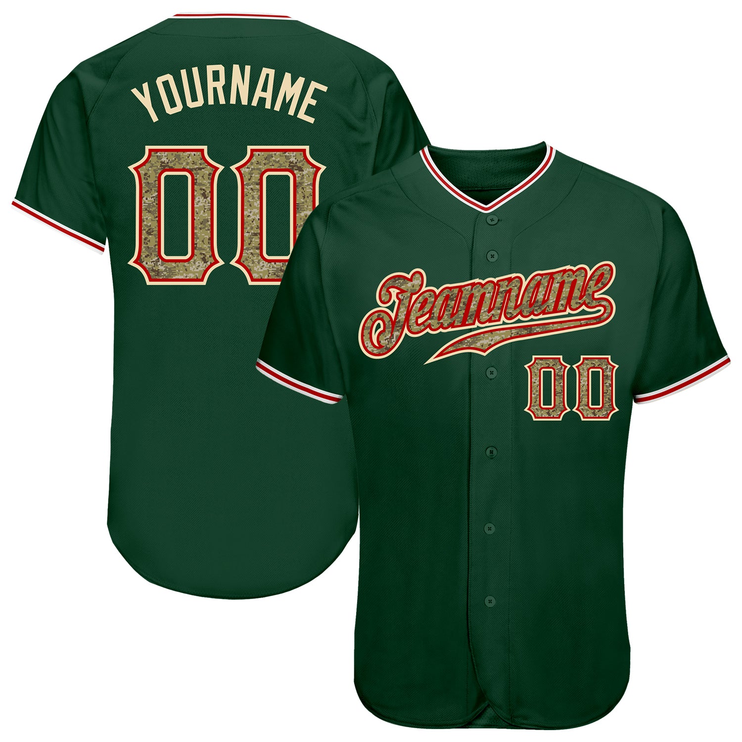 Custom Name and Number Baseball Jersey - Personalized Green Camo Red Authentic Team Jersey Personalized Green Camo-Red Authentic