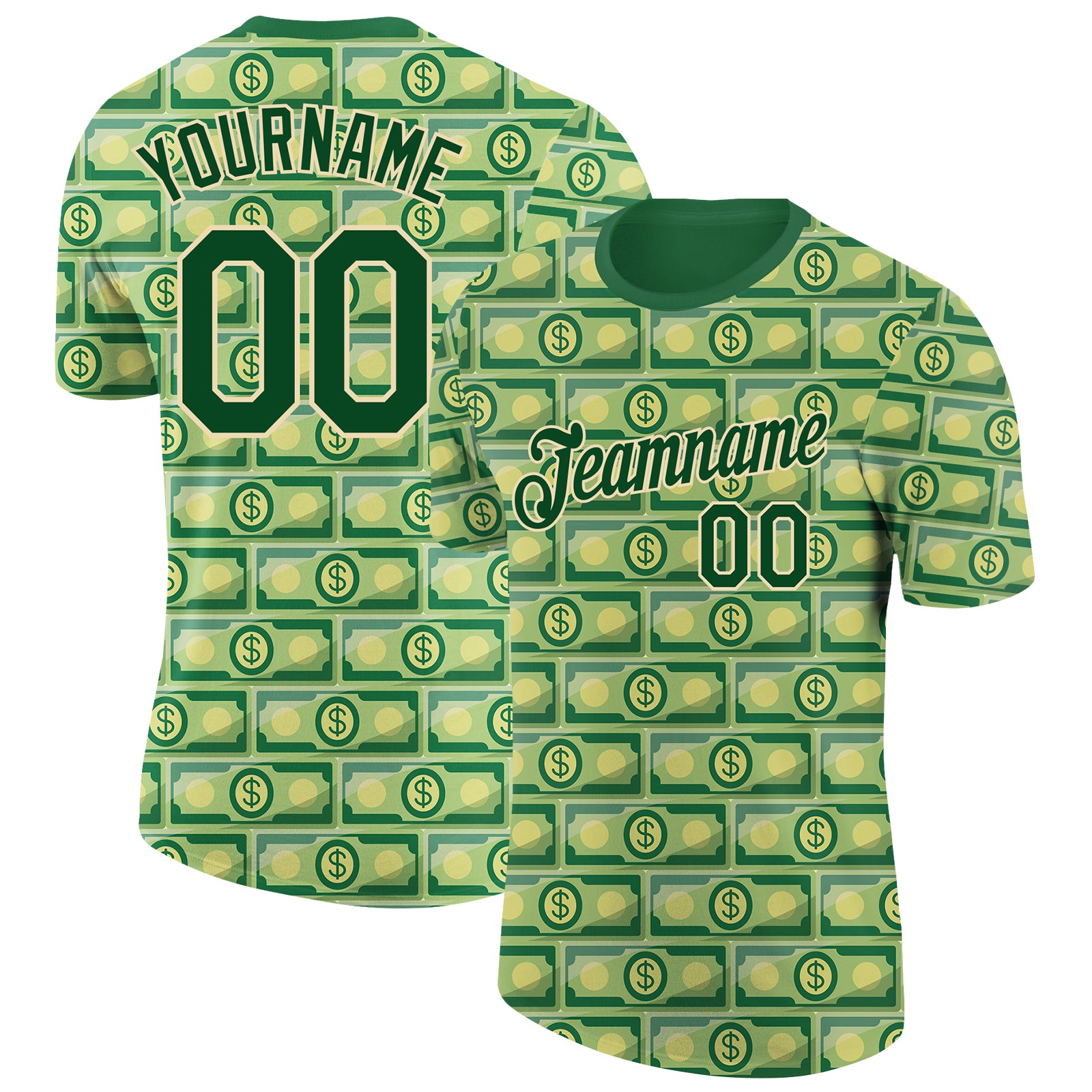 Custom Name and Number Personalized 3D Pattern Green City Cream Dollar Banknote Money T-Shirt Performance Personalized Green
