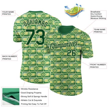 Custom Name and Number Personalized 3D Pattern Green City Cream Dollar Banknote Money T-Shirt Performance Personalized Green