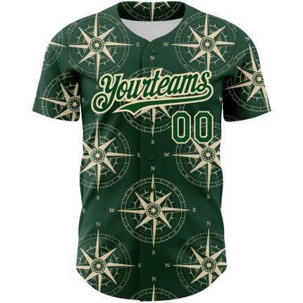 Custom Baseball Jersey with 3D Green City Compass Pattern - Personalized Name and Number Design Personalized Green City Cream