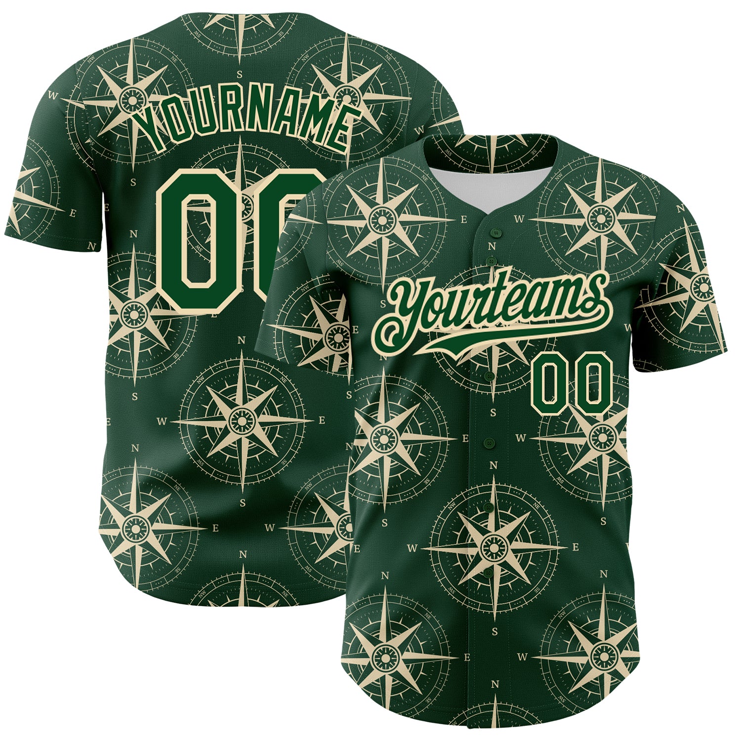 Custom Baseball Jersey with 3D Green City Compass Pattern - Personalized Name and Number Design Personalized Green City Cream