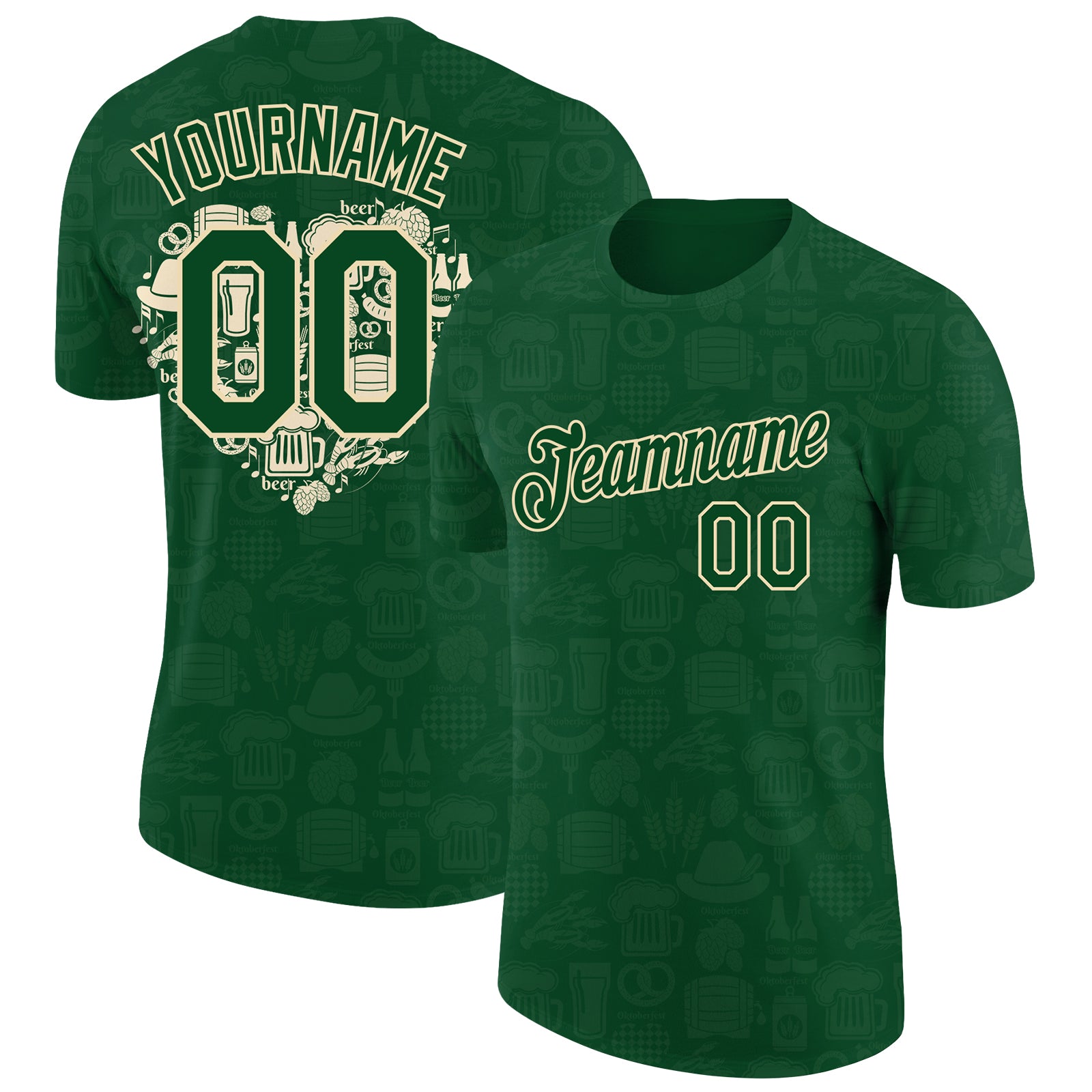 Custom Oktoberfest Beer Festival Performance Shirt with Personalized Green City Cream 3D Pattern - Team Name & Number Personalized