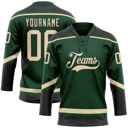 Custom Name and Number Hockey Jersey - Personalized Green Cream-Black Lace Neck Team Jersey Personalized Green City Cream-Black
