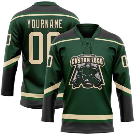 Custom Name and Number Hockey Jersey - Personalized Green Cream-Black Lace Neck Team Jersey Personalized Green City Cream-Black