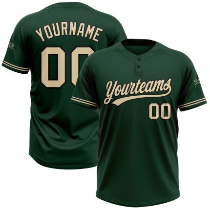 Custom Name and Number Personalized Unisex Softball Jersey - Green City Cream-Black Two-Button Design Personalized Green