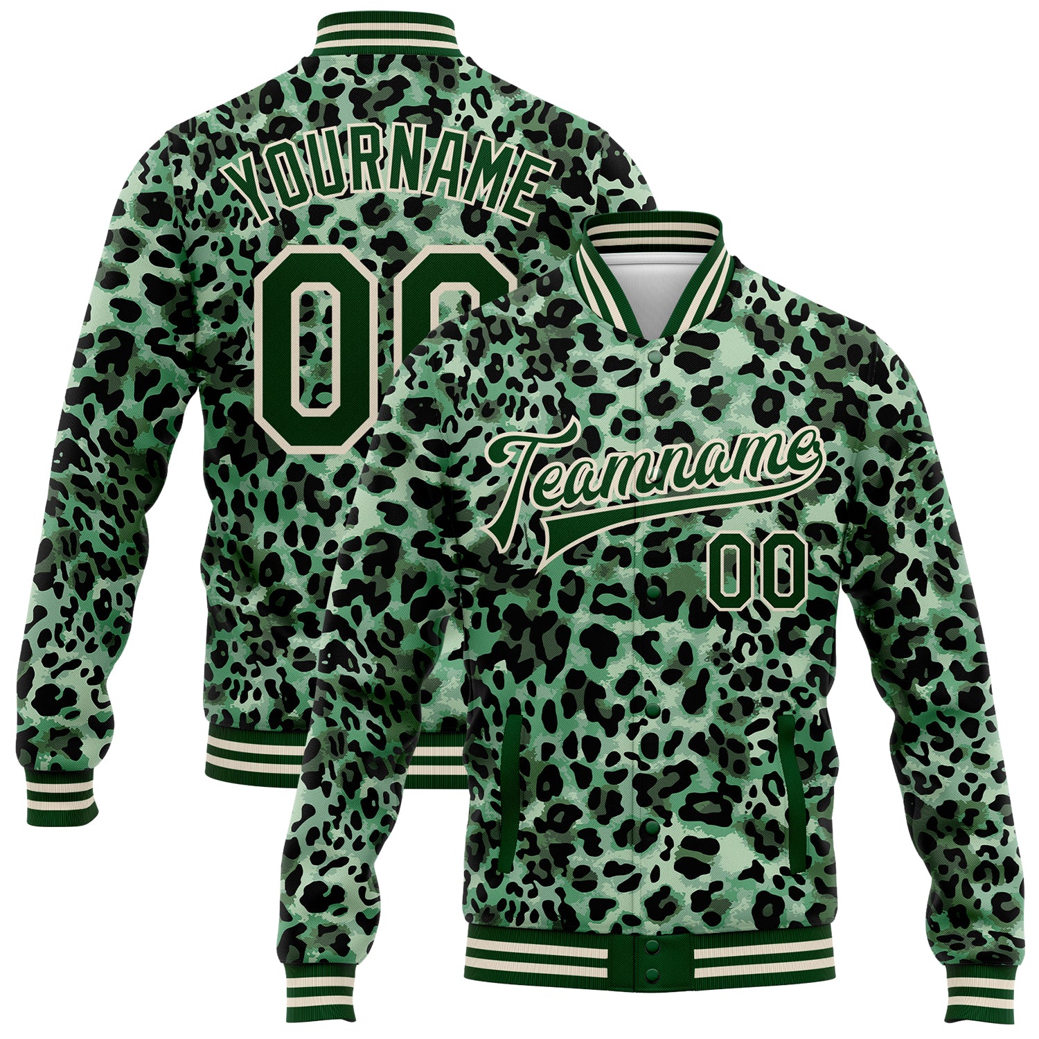 Custom Name Number Green City Leopard Print 3D Bomber Varsity Letterman Jacket for Teams Personalized Green City Cream Leopard