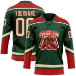 Custom Name and Number Personalized Green City Cream-Red Hockey Lace Neck Jersey Personalized Green City Cream-Red Hockey