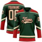 Custom Name and Number Personalized Green City Cream-Red Hockey Lace Neck Jersey Personalized Green City Cream-Red Hockey