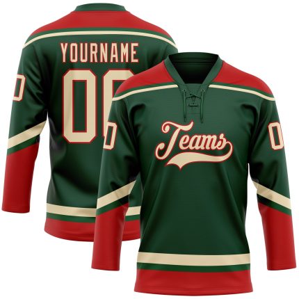 Custom Name and Number Personalized Green City Cream-Red Hockey Lace Neck Jersey Personalized Green City Cream-Red Hockey