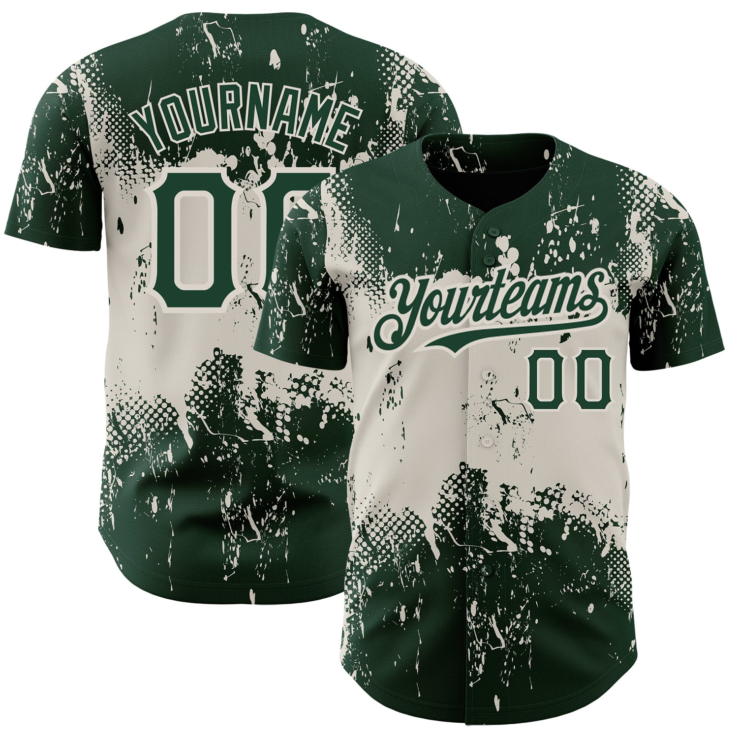 Custom Name and Number Baseball Jersey - Personalized Green Cream 3D Abstract Splatter Grunge Art Design Personalized Green