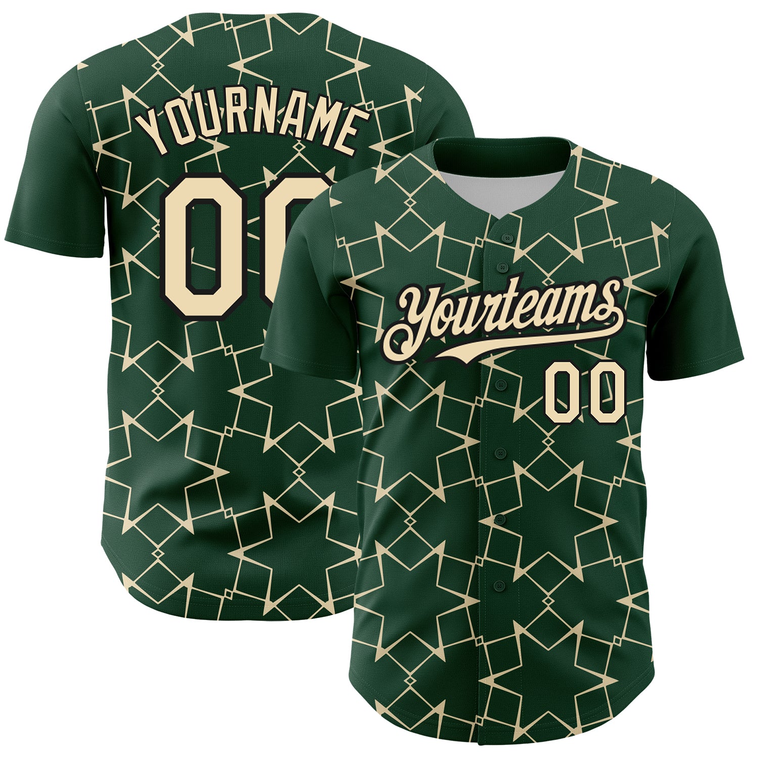 Custom Name & Number Baseball Jersey - Personalized Green Cream-Black 3D Star Lines Design Personalized Green Cream-Black