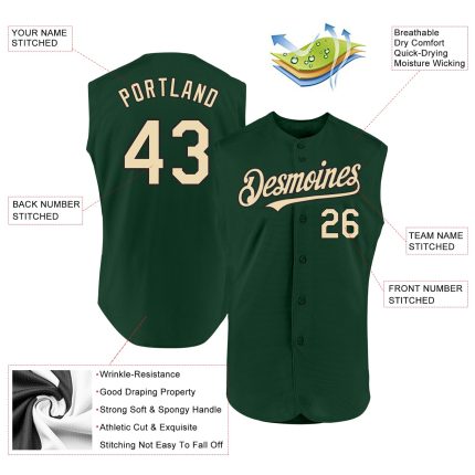 Personalized Authentic Baseball Jersey in Green Cream-Black, Sleeveless Design Personalized Green Cream-Black Authentic Sleeveless