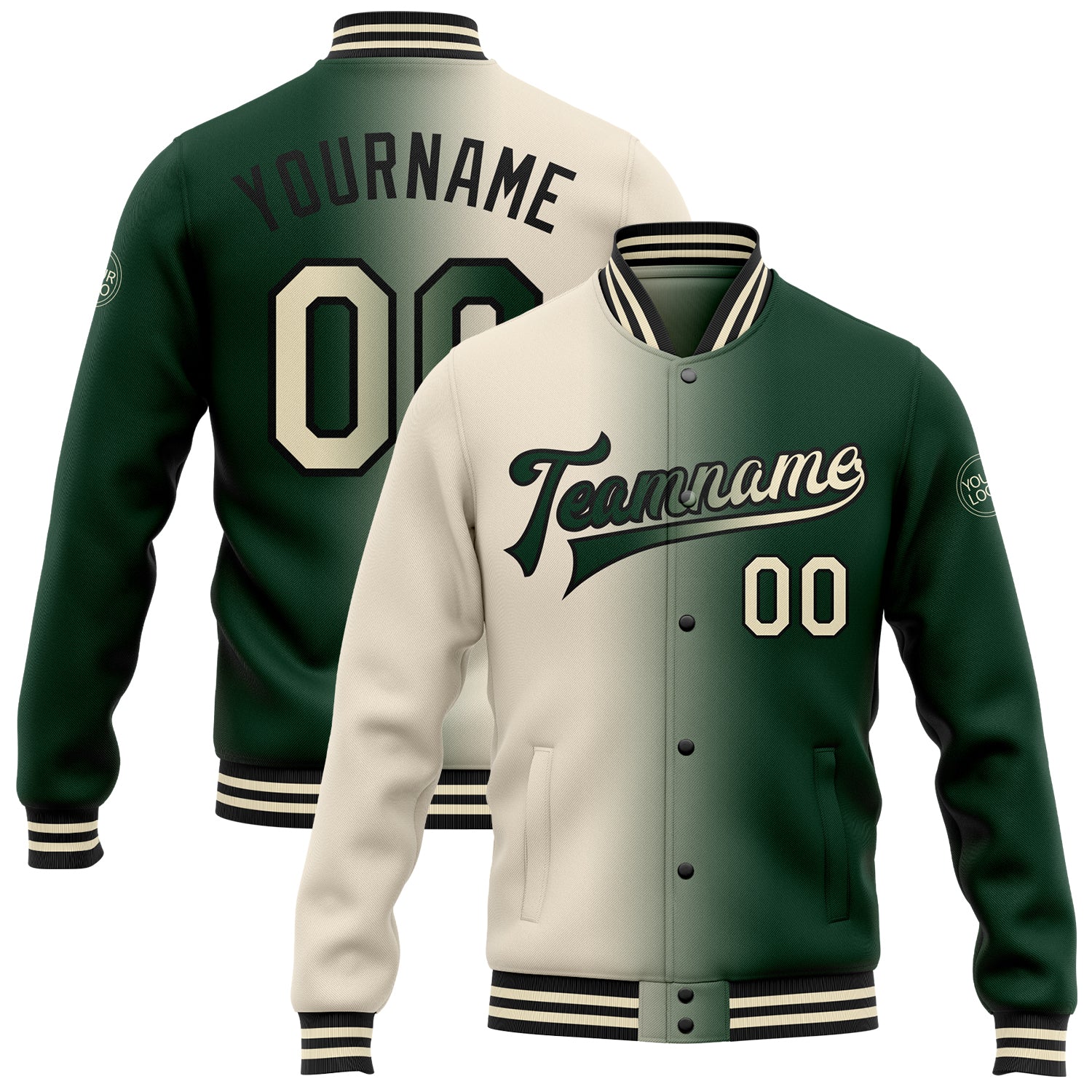 Custom Name Number Gradient Varsity Letterman Bomber Jacket Green Cream Black Fashion Full-Snap Personalized Green Cream-Black
