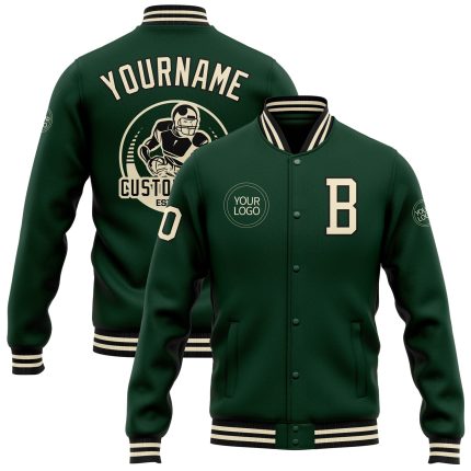 Personalized Varsity Letterman Jacket Green Cream-Black Full-Snap Bomber Personalized Green Cream-Black Bomber Full-Snap
