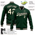 Custom Name and Number Varsity Letterman Jacket in Green Cream and Black, Personalized Full-Snap Bomber Style Personalized