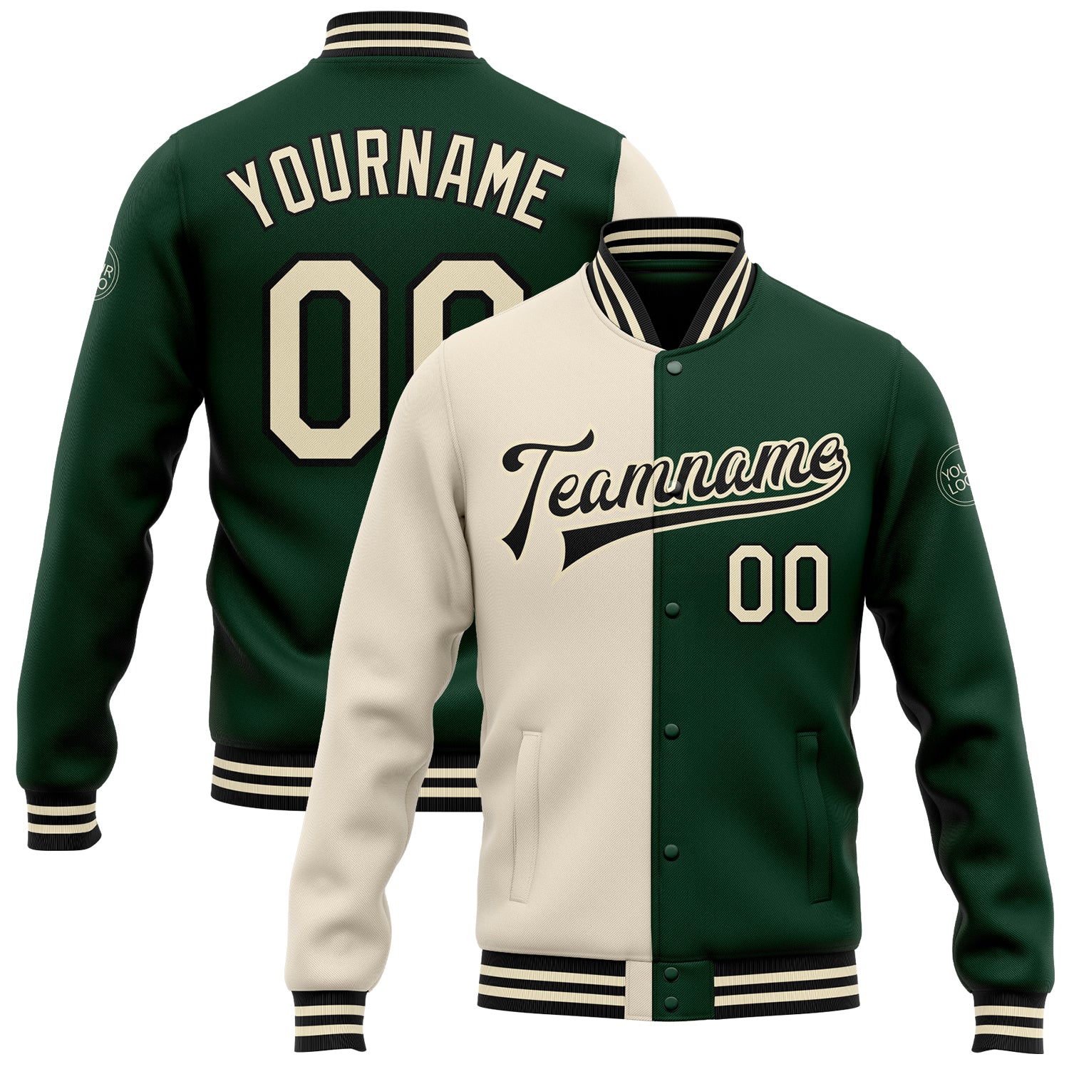 Custom Name Number Green Cream Black Bomber Varsity Letterman Jacket Split Fashion Full-Snap Personalized Green Cream-Black