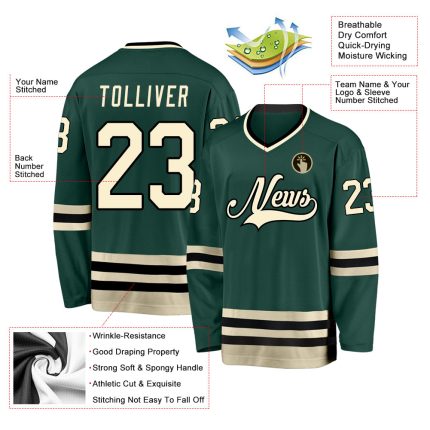 Custom Name and Number Hockey Jersey - Personalized Green Cream-Black Team Jersey Personalized Green Cream-Black Hockey Jersey