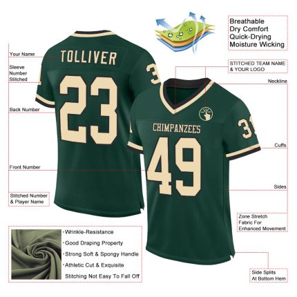 Custom Name and Number Personalized Green Cream-Black Mesh Football Jersey - Authentic Throwback Style Personalized Green