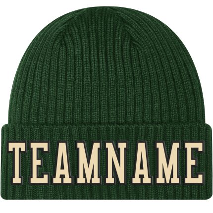 Custom Name Number Knit Hat, Personalized Green Cream-Black Cuffed Beanie - Team Apparel Personalized Green Cream-Black Stitched