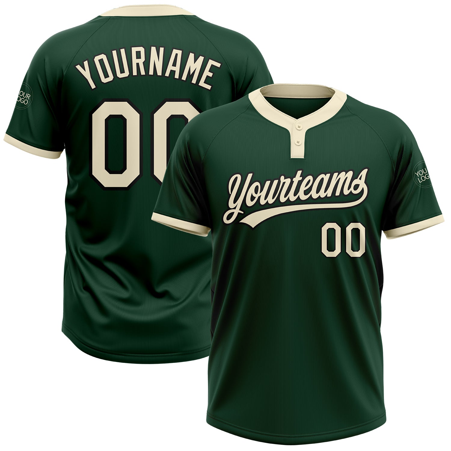 Custom Name and Number Unisex Softball Jersey - Green Cream-Black Two-Button Design Personalized Green Cream-Black Two-Button