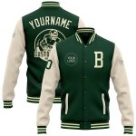 Personalized Green Cream Varsity Letterman Bomber Jacket Full-Snap Two Tone Personalized Green Cream Bomber Full-Snap Varsity