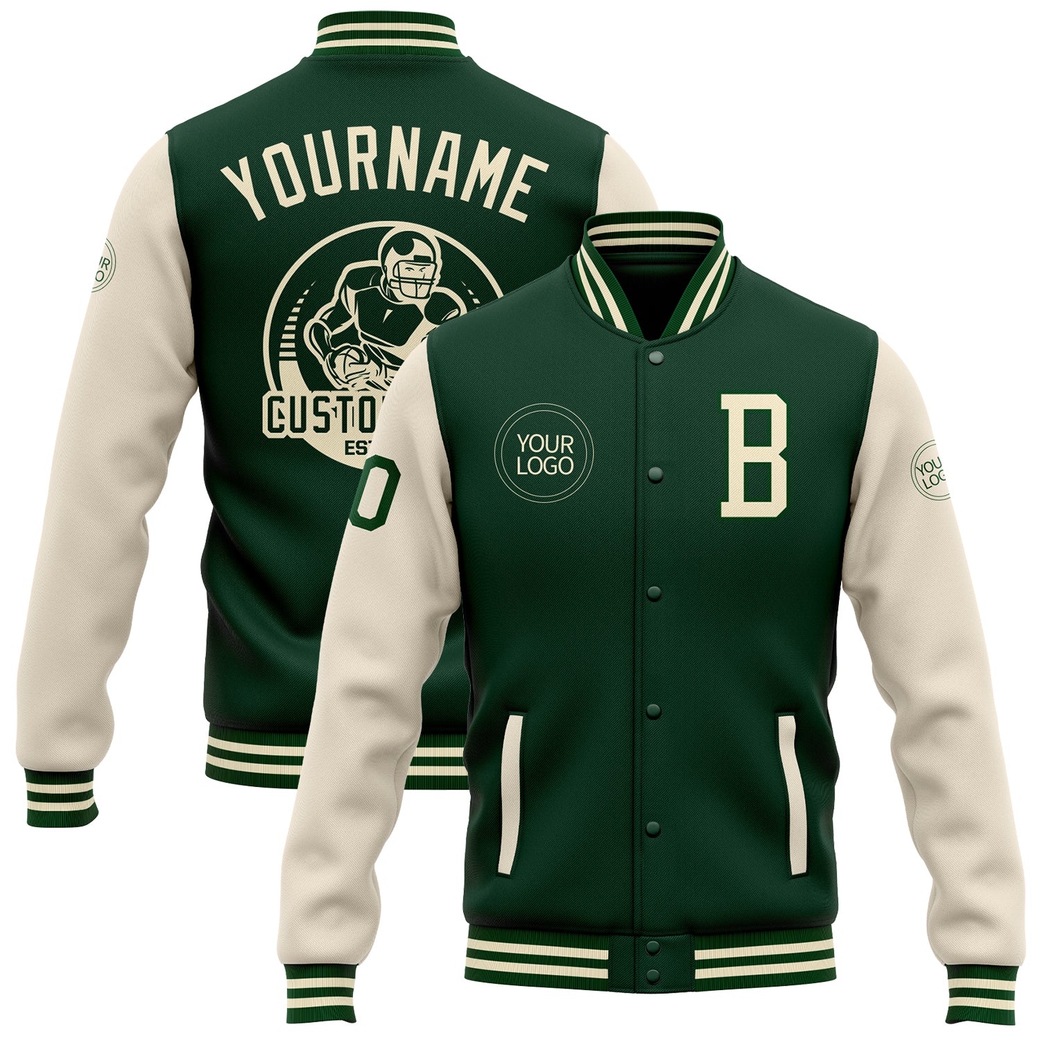 Personalized Green Cream Varsity Letterman Bomber Jacket Full-Snap Two Tone Personalized Green Cream Bomber Full-Snap Varsity