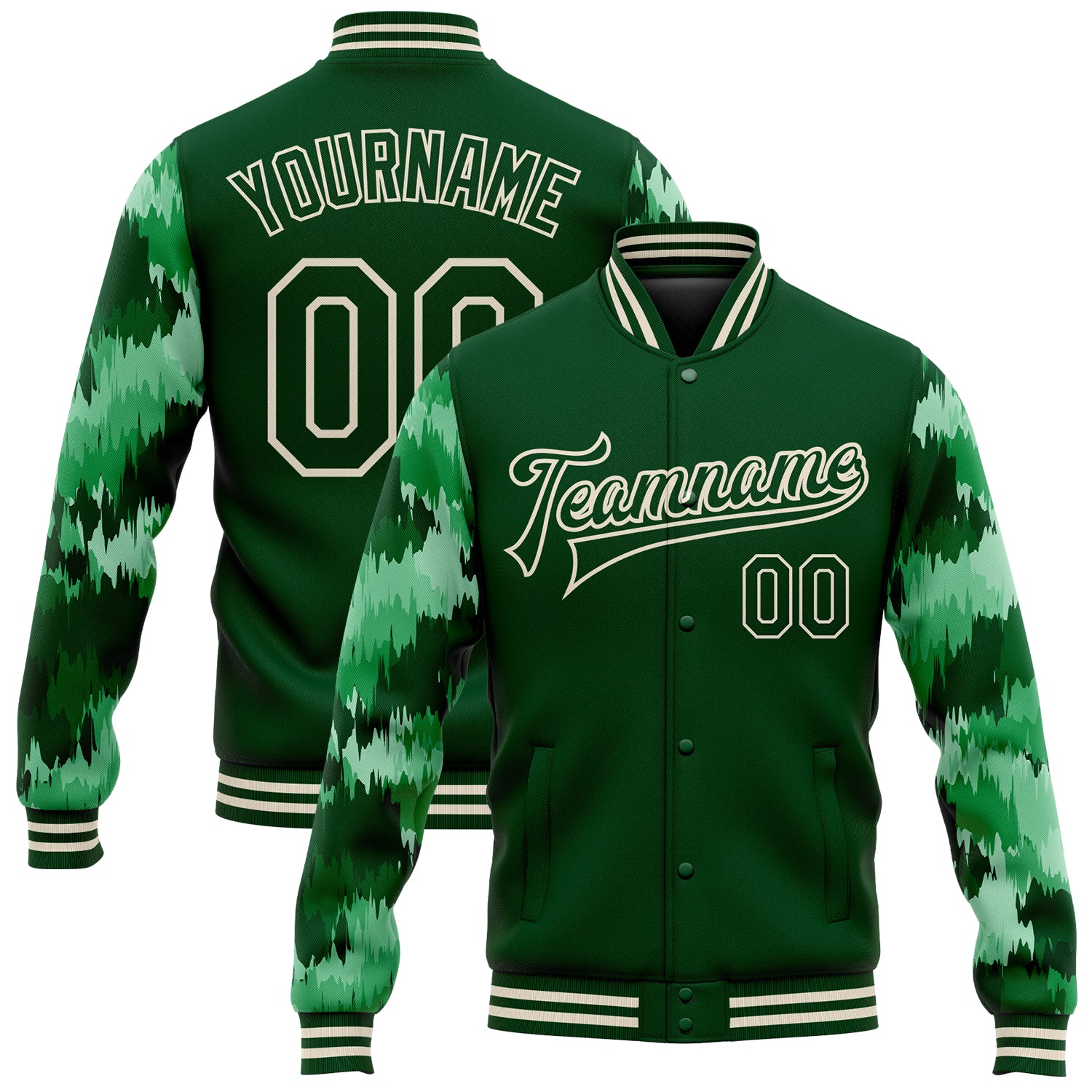 Custom Name and Number Personalized Green Cream Camo Bomber Varsity Letterman Jacket with 3D Pattern Design Personalized