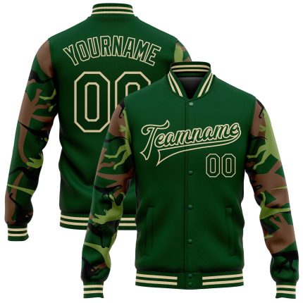 Custom Dinosaur Camo Bomber Jacket with 3D Pattern, Personalized Team Name and Number, Full-Snap Varsity Letterman Sleeve Design
