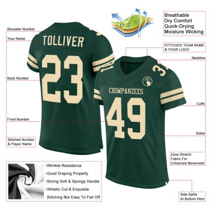 Customizable Green Cream Mesh Football Jersey with Team Name and Number - Authentic Design Personalized Green Cream Mesh