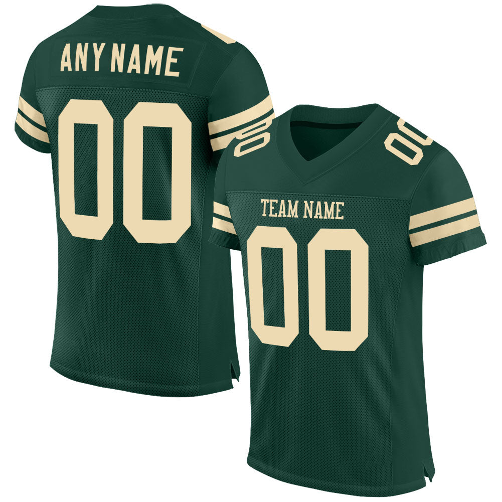 Customizable Green Cream Mesh Football Jersey with Team Name and Number - Authentic Design Personalized Green Cream Mesh