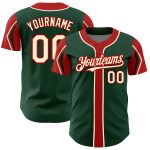 Custom Authentic Baseball Jersey with Personalized Name and Number - Green Cream-Red Arm Shapes in 3 Colors Personalized