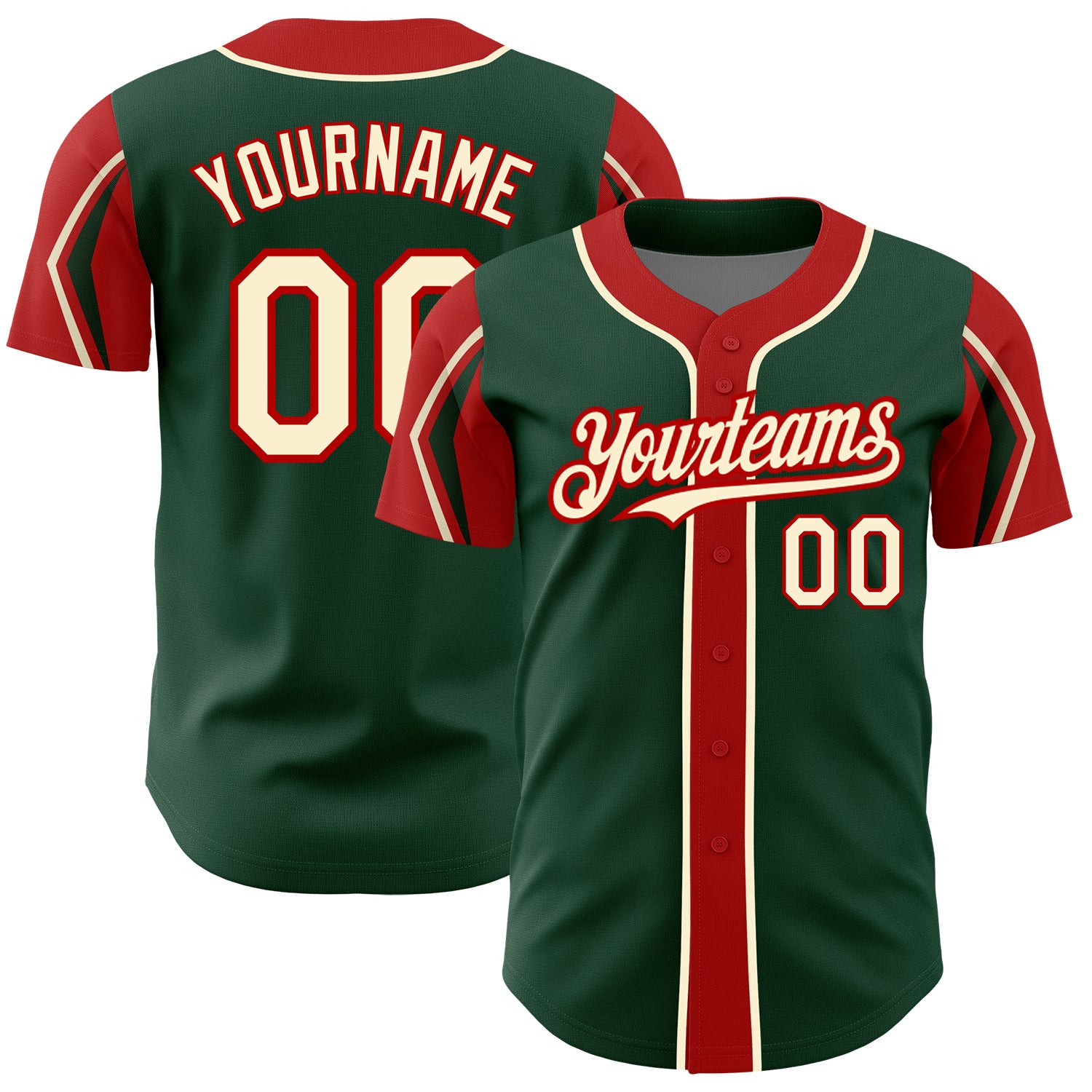 Custom Authentic Baseball Jersey with Personalized Name and Number - Green Cream-Red Arm Shapes in 3 Colors Personalized