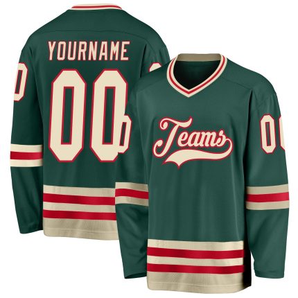 Custom Name Number Green Cream-Red Hockey Jersey Personalized Team Gear Personalized Green Cream-Red Hockey Jersey Team Custom