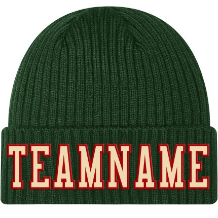 Custom Name Number Personalized Knit Hat with Cream Green Red Stitched Cuff Personalized Green Cream-Red Stitched Cuffed