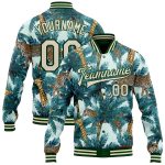 Custom Name and Number Tropical Green Cream 3D Bomber Varsity Jacket with Tiger, Giraffe, and Palms Design Personalized Green