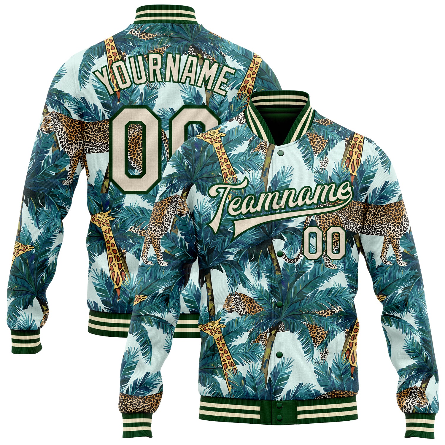 Custom Name and Number Tropical Green Cream 3D Bomber Varsity Jacket with Tiger, Giraffe, and Palms Design Personalized Green