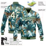 Custom Name and Number Tropical Green Cream 3D Bomber Varsity Jacket with Tiger, Giraffe, and Palms Design Personalized Green