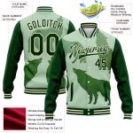 Custom Name and Number Personalized Green Cream Wolf 3D Varsity Letterman Bomber Jacket Personalized Green Cream Wolf 3D