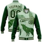 Custom Name and Number Personalized Green Cream Wolf 3D Varsity Letterman Bomber Jacket Personalized Green Cream Wolf 3D